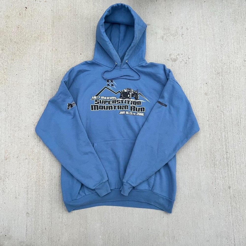Beautiful blue graphic hoodie with front and arm graphics